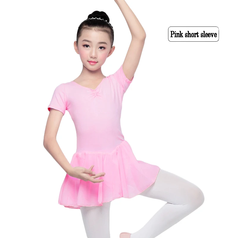 Pink short-sleeves Детское балетное трико с длинными/короткими рукавами для девочек; детское хлопковое платье для танцев; Танцевальная шифоновая юбка для балета; трико; 3 цвета - Цвет: Pink short-sleeves