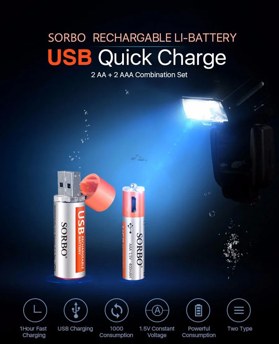 SORBO Портативный 4/8 шт. 1,5 в 400 мАч AAA Li-po батарея быстрой зарядки USB Аккумуляторы для микрофон геймпад Bateria