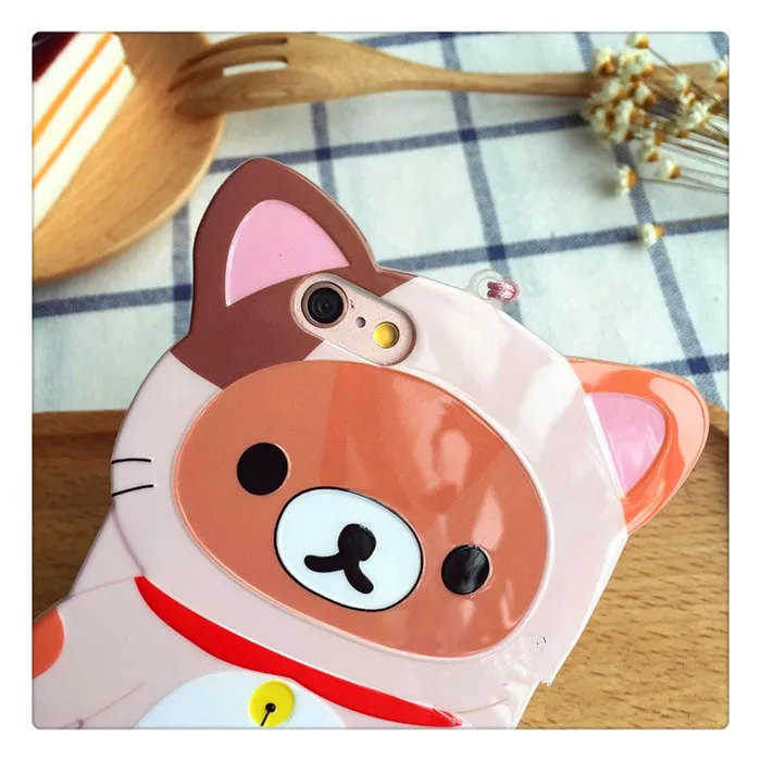 2016 Japan New Fashion 3D cartoon Relaxed Bear TPU back cover case for Apple iphone 6 6s plus Red Scarf Little Yellow Bell kuma |