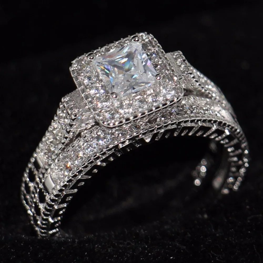 

Vecalon Wish Hot Drop Shipping Retro Fashion Jewelry 10KT White Gold Filled Square Princess 5A Zirconia CZ Wedding Bridal Ring