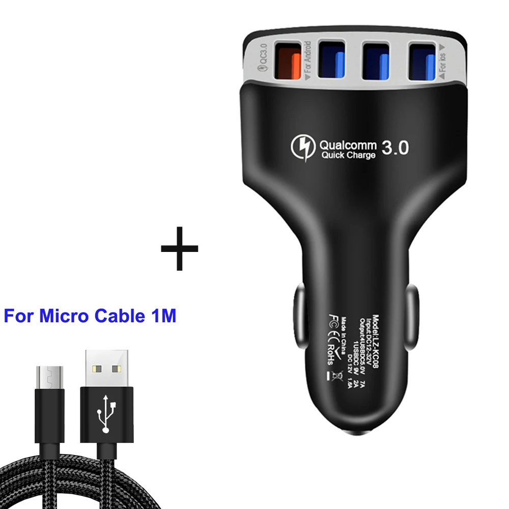Add micro cable QC3.0 автомобильное зарядное устройство Quick Charge 3,0 быстрое зарядное устройство 4 порта автомобильное USB зарядное устройство адаптер универсальная Быстрая зарядка для iPhone samsung Xiaomi - Тип штекера: Add micro cable