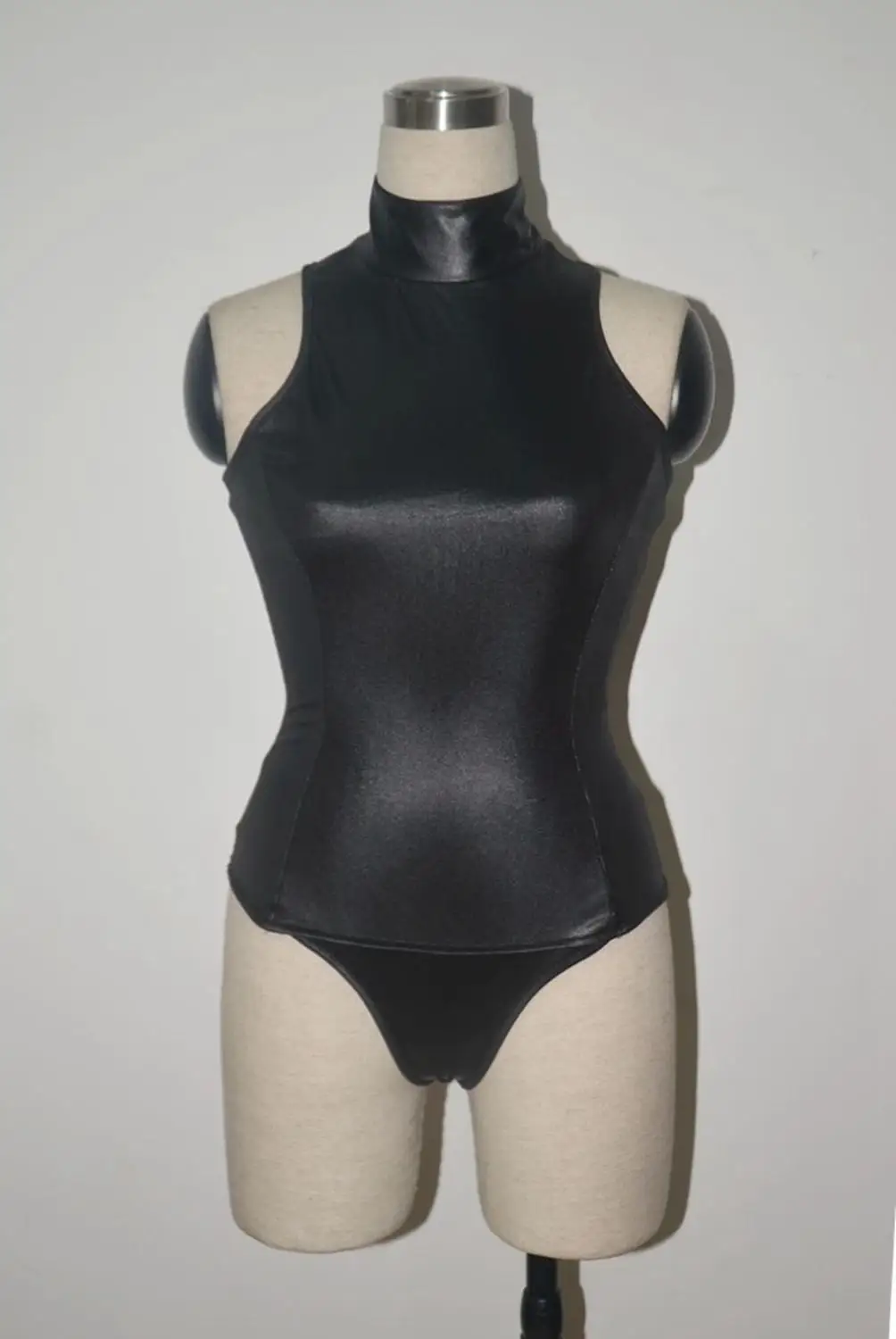 S-4XL, черный, красный, эротические купальники для косплея горничной, черный, красный, боди из искусственной кожи, сексуальное трико с высоким воротом и рукавами, Фетиш swinwe - Цвет: Черный