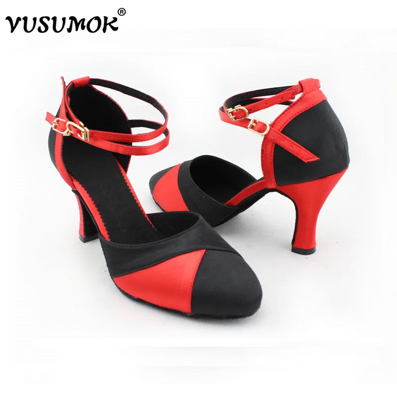 Танцевальные туфли VUSUMOK для бальных танцев Латинский танец Сексуальный Сальса Вечеринка Квадратный черный красный Женщины Девушки Дамы 2017 Новинки