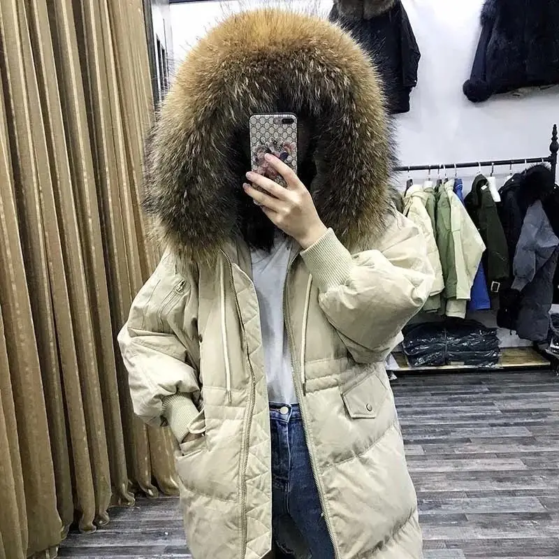beige Новинка, свободный женский пуховик с воротником из натурального меха енота и норки, повседневный пуховик на утином пуху, большие размеры, куртки с капюшоном для девушек, теплое пальто D29 - Цвет: beige