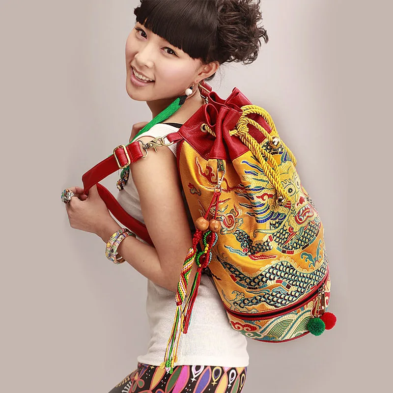 Vintage Loong pattern embroidery Women backpack Fashion PU leather brocade Ethnic Travel backpack