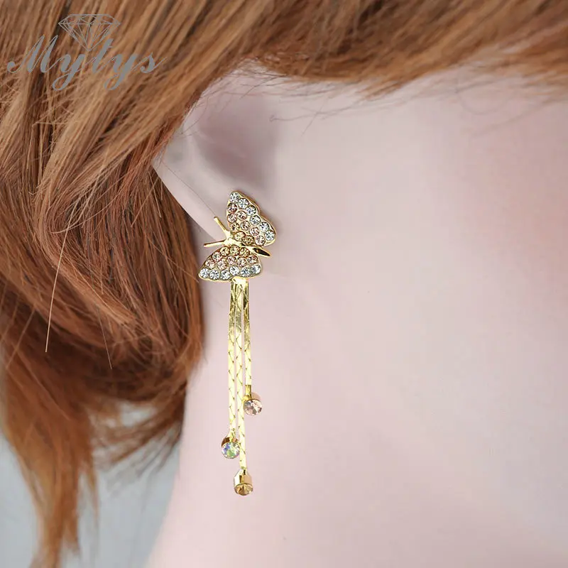 Mytys 2017 модные длинные висячие серьги в форме бабочки с кристаллами для женщин