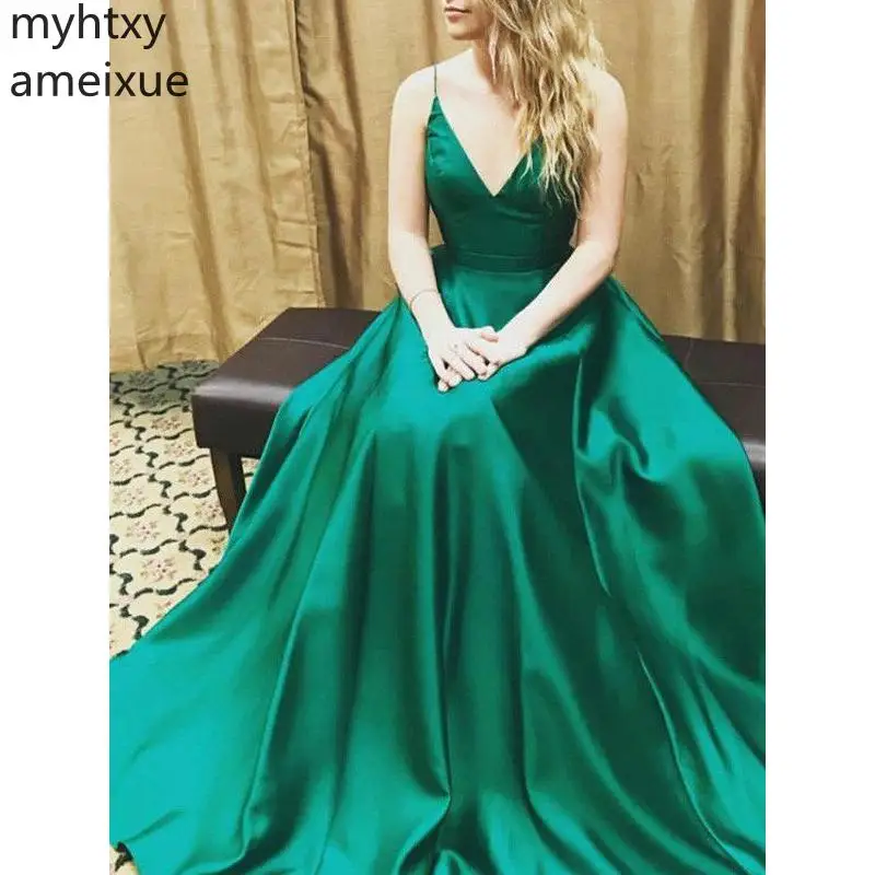 Женское вечернее платье на бретельках простое зеленое ТРАПЕЦИЕВИДНОЕ ПЛАТЬЕ до