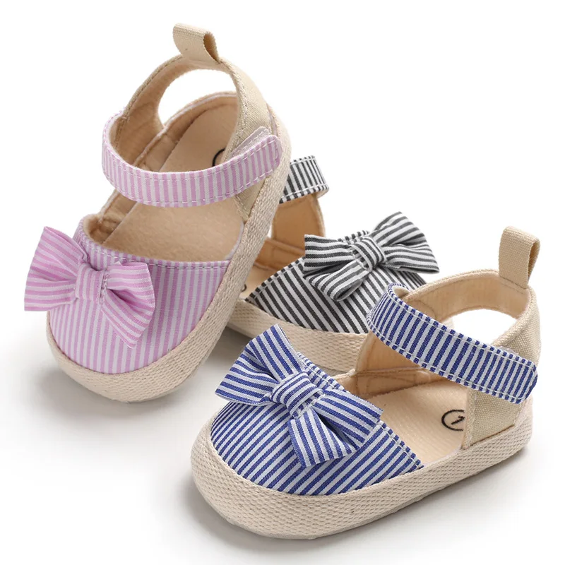 

Newborn Toddler Baby Girl Bow-Knot Sandals Summer Striped Canvas Moccasin Shoe Prewalker 0-18M New Fashion Baby Sandals Shoes