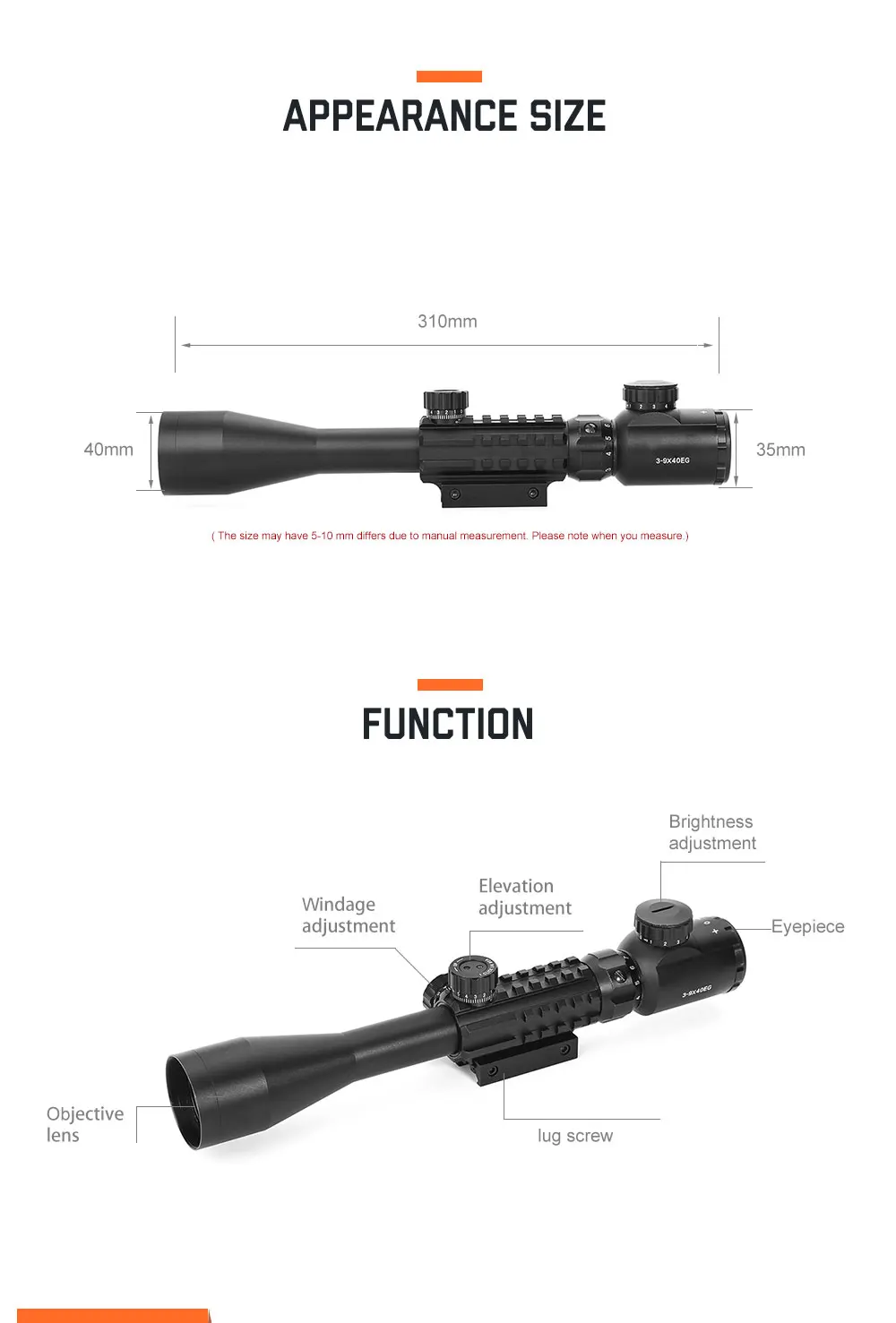 LUGER 3-9X40 тактический прицел Открытый охотничий оптический прицел для страйкбола пистолет 20 мм планка Пикатинни для винтовки
