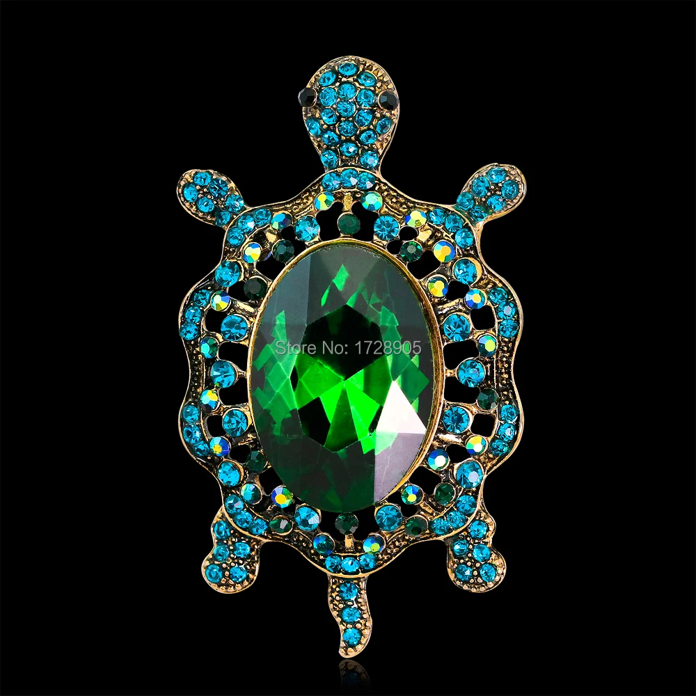 Женская брошь в форме черепахи сине зеленая с кристаллами заколка животное