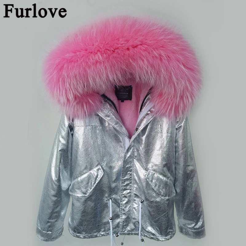 Furlove новинка, зимние пальто, женские куртки, настоящий большой воротник из меха енота, толстые женские пуховики и парки серебряного цвета, пальто из искусственного меха