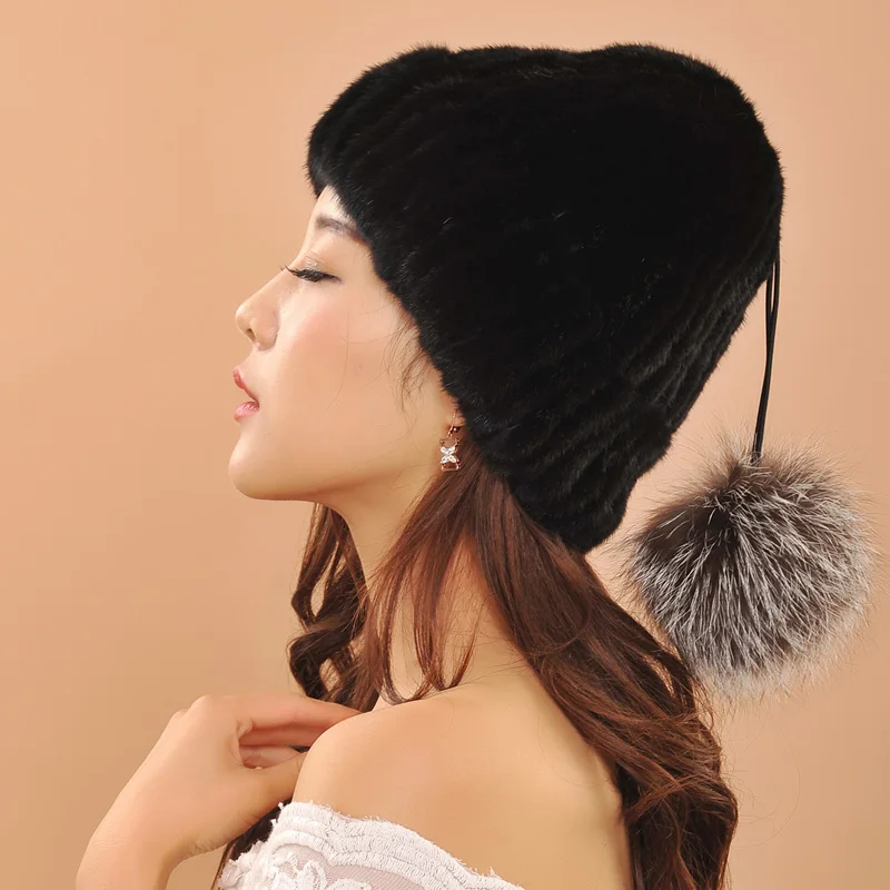 Новый стиль женские настоящие норковые меховая шапка зимняя вязаная с