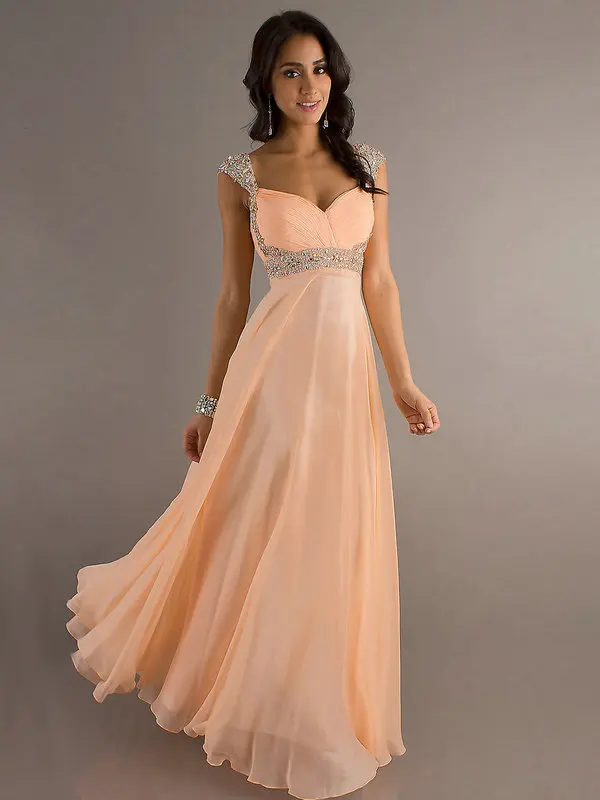 HE011 Hot Sale Cap Sleeve A-line Floor Length Empire Jeweled Cheap Long Prom Evening Dress 2014 Free Shipping | Свадьбы и торжества