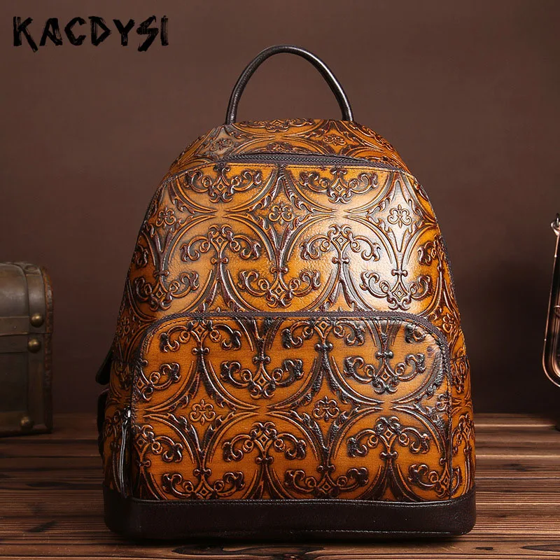Оригинальный Рюкзак для Женщин из Натуральной Кожи с Вытиснением, Ручной Работы, Ретро Дизайн, для Ноутбука, Школьные Сумки, Дизайнерский Путешественник, Дневной Рюкзак.
