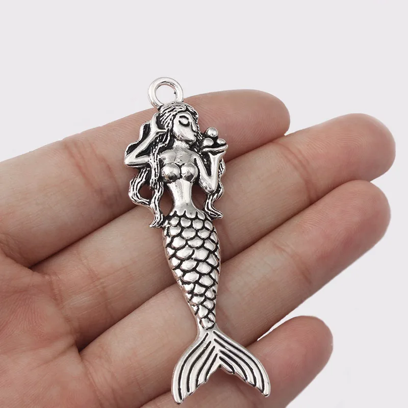

6PCS Tibetan Silver Large Mermaid Fish Alloy Charms Pendants for Necklace Making Jewelry Findings