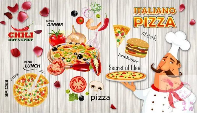 

Custom 3d mural 3D Pizza cake hamburger bakery wallpaper casual coffee house restaurant hot pot snack shop wallpaper mural