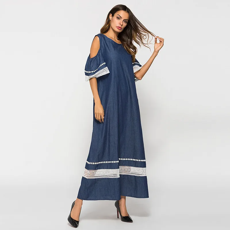 Женское длинное платье синее кружевное с глубоким вырезом и поясом 2019|Женские