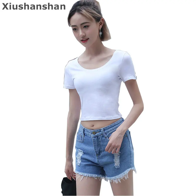 Xiushanshan Повседневное Экипаж шеи укороченный топ летние шорты рукавом черный белый