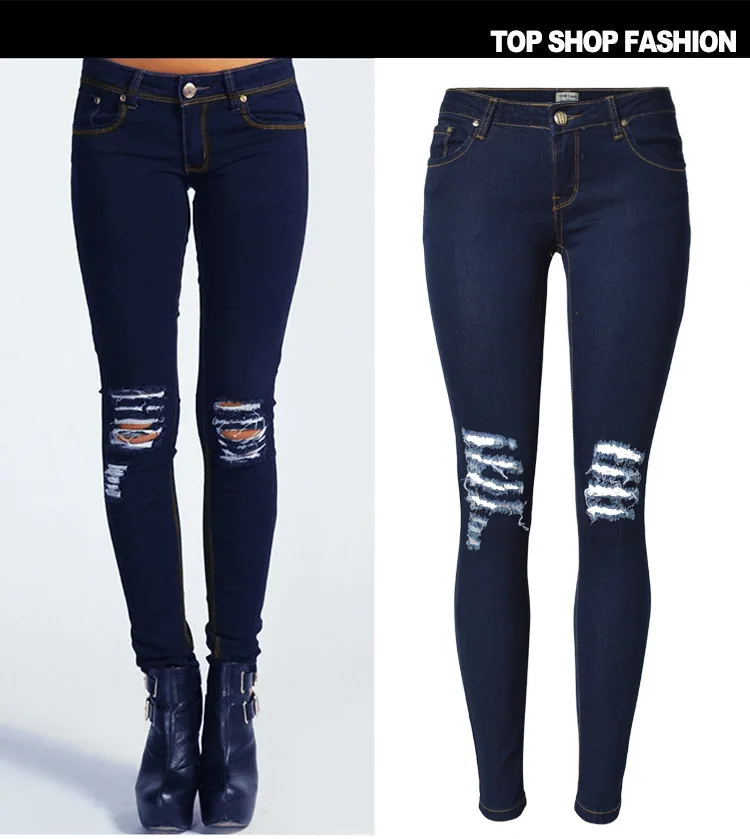 Обтягивающие джинсы женские сексуальные узкие брюки до колена с дырками