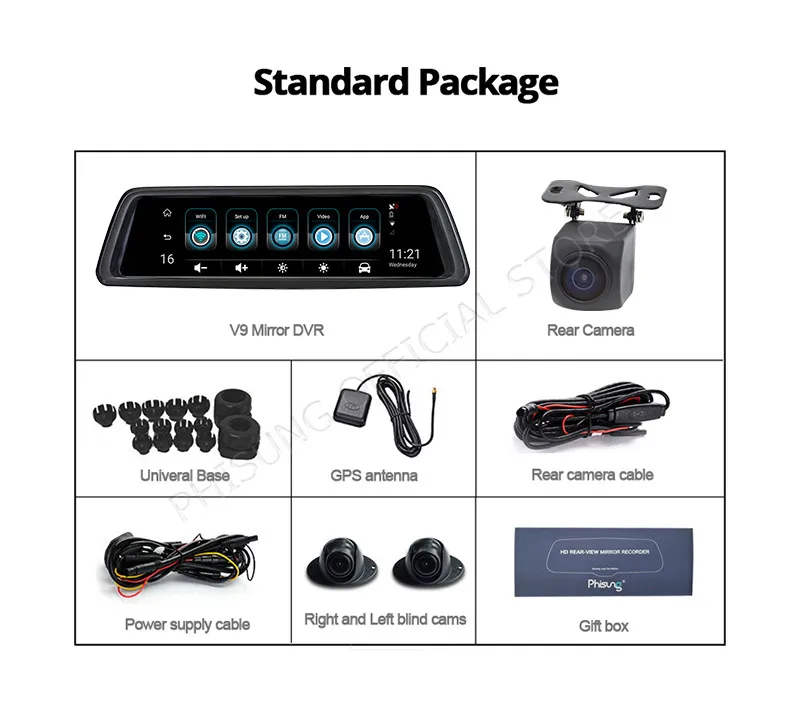 Phisung V9 Plus 4CH камера s объектив 1" Android Navi Автомобильная камера с gps зеркало заднего вида dvr привод рекордер ADAS wifi RAM2GB+ ROM32G
