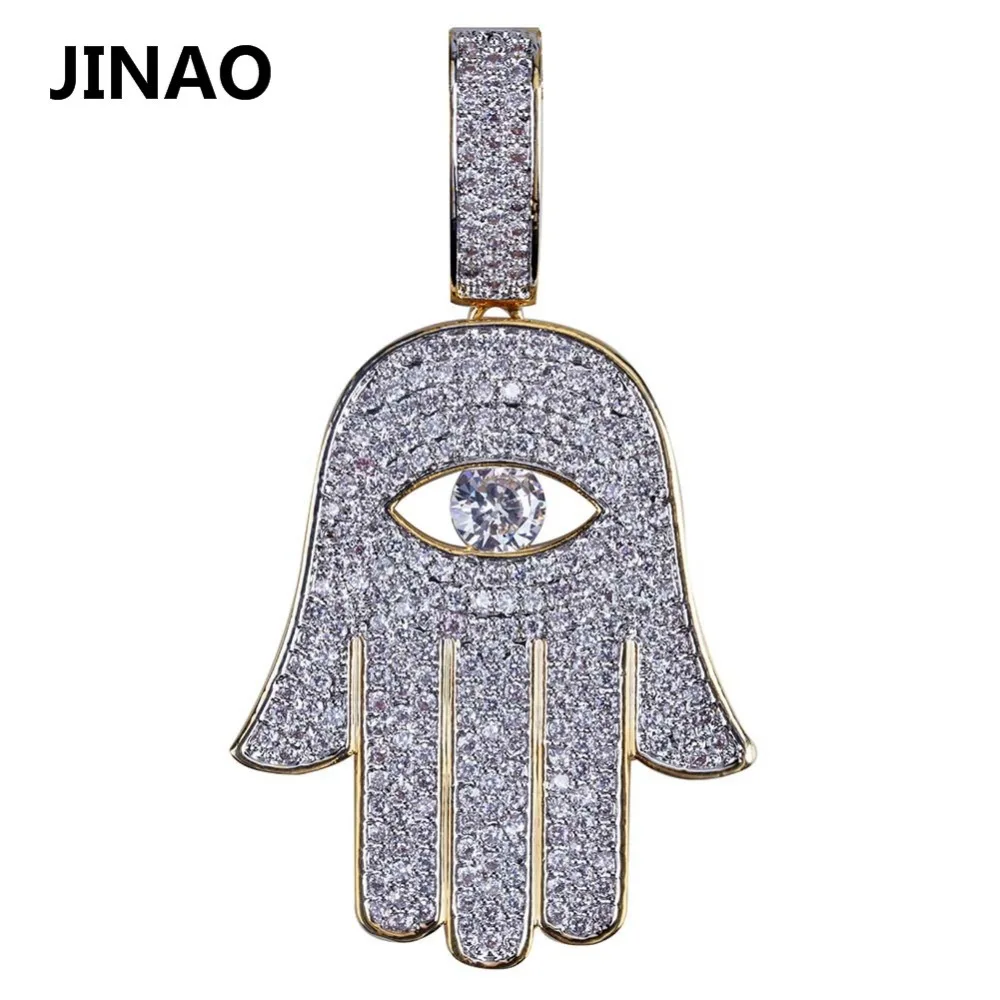Jinao для хип-хопа Позолоченные Льдом Из Злой Глаз Хамса ручной микро проложить циркон кулон ожерелье для мужчин и женщин блестящие украшения