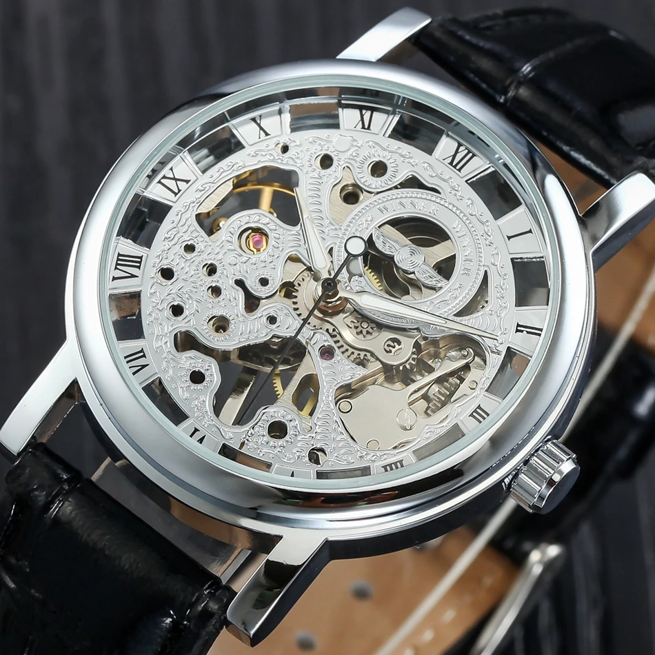 2017 Для мужчин часы механические ручной ветер кожа Кристалл Аналоговый наручные