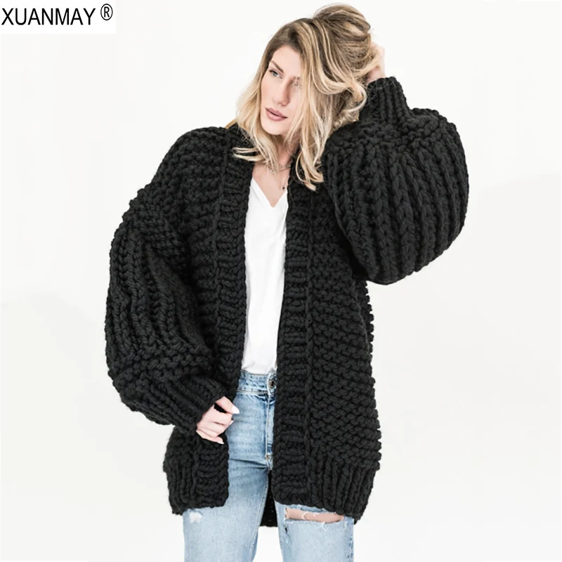 2018 Winter Women's Black thick Cardigan Sweater 5XL Handmade Crochet braided Streetwear Gray lady |