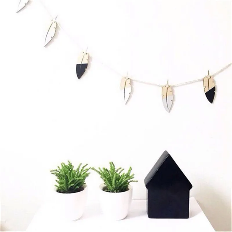 Black White Grey Скандинавские перья деревянные стружки DIY Висячие шторы настенные украшения Детская комната DIY тянуть цветок/баннер рождественские подарки орнамент - Цвет: Black White Grey