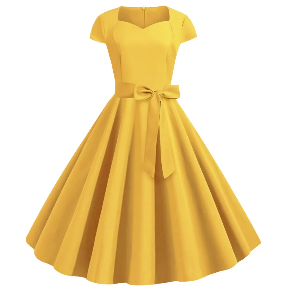 Однотонное летнее женское винтажное платье Pinup с коротким рукавом, элегантные офисные женские вечерние платья в стиле рокабилли, трапециевидные повседневные платья
