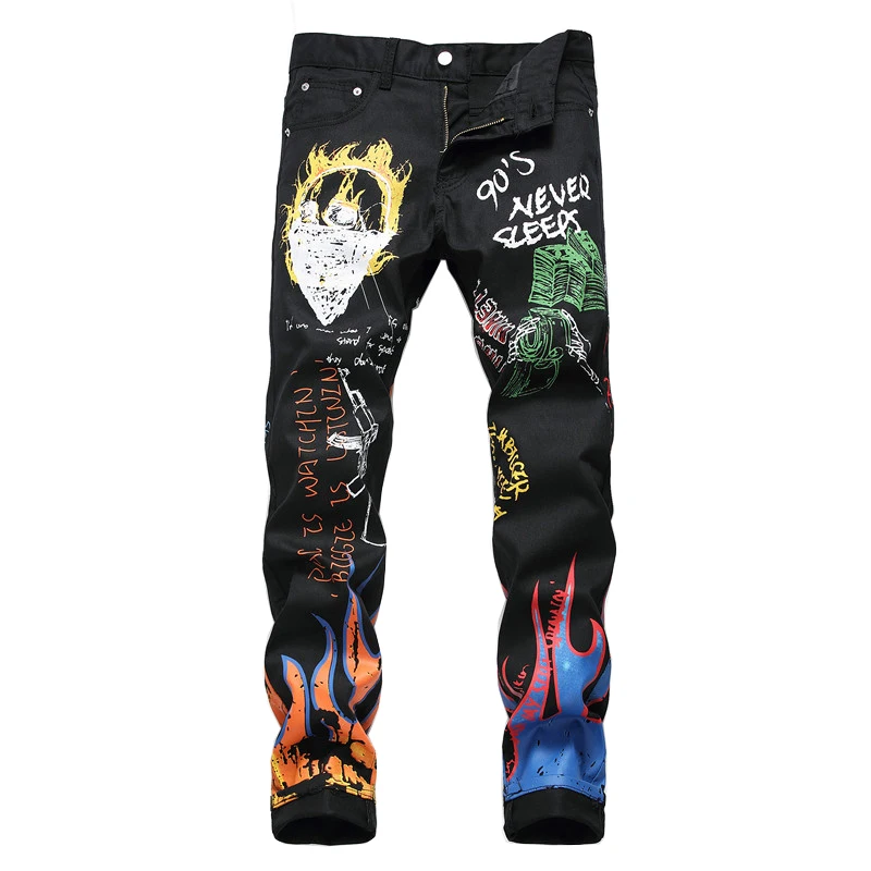 

New Sokotoo Men's fashion letters flame black printed jeans Slim straight colored painted stretch pants