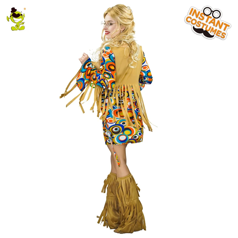 

Women Retro Hippie Costumes with Slare Sleeves Tassels Adult Carnival Role Play Fashion Fancy Dress Cosplay Hippie Costume