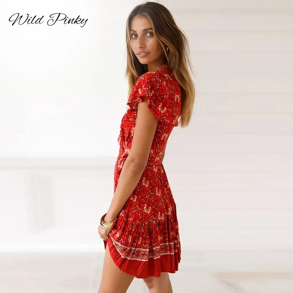 WildPinky богемный Цветочные Мини Для женщин летнее платье Festa V шеи рюшами Бандажное платье Женский элегантный праздник Пляжное платье