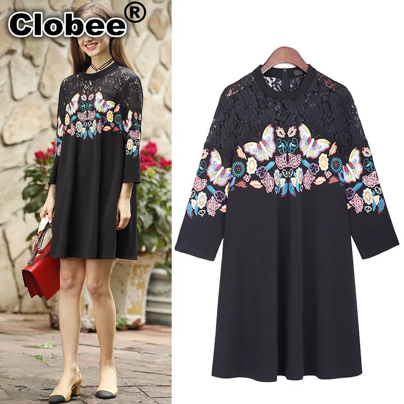 Женское кружевное платье Clobee XXXL 4XL 5XL Черное короткое с рукавом до локтя и принтом