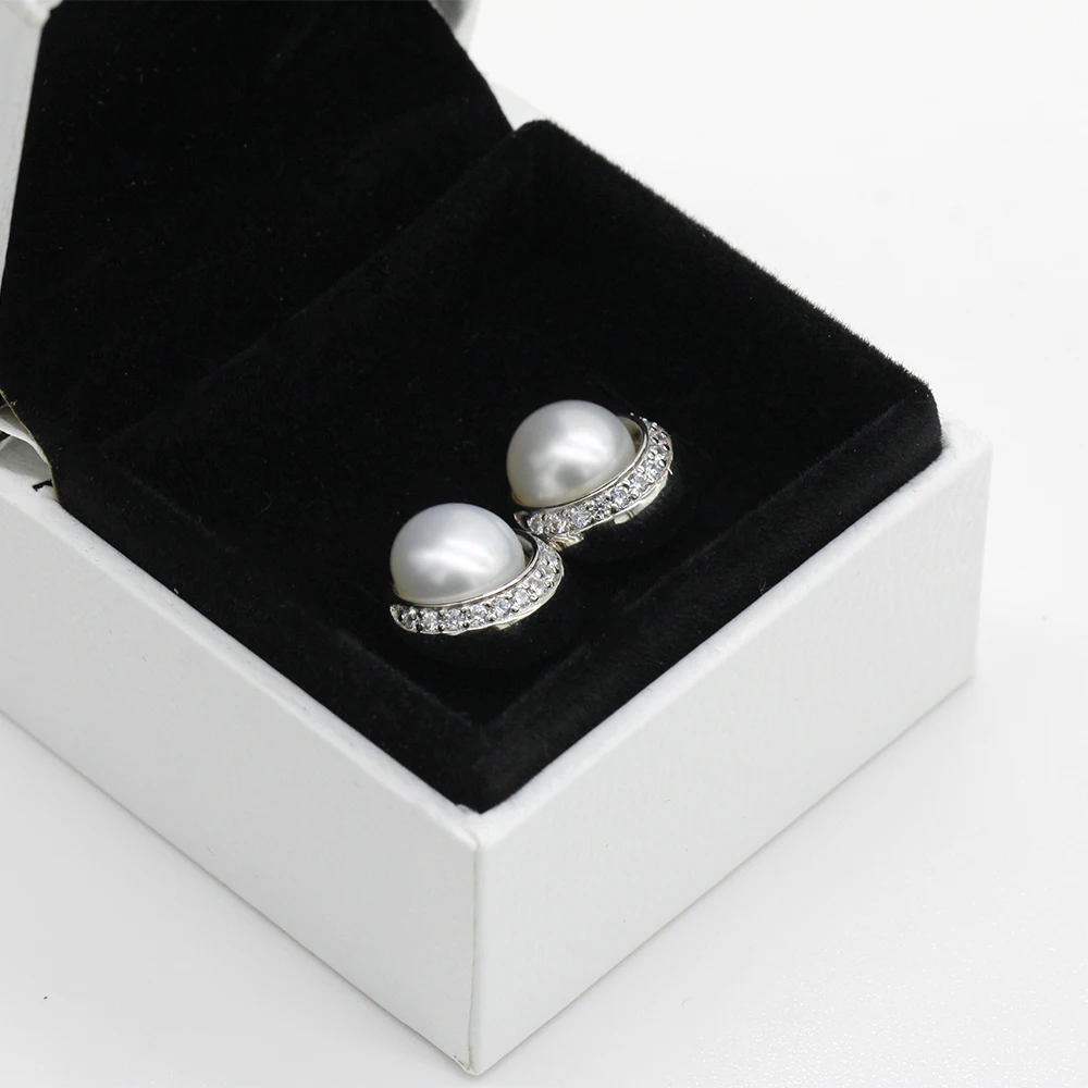 Pearl Earrings 925 Sterling Silver Freshwater with Clear CZ Stud Classic Jewelry Accessories for Women Gift|Серьги-гвоздики| |