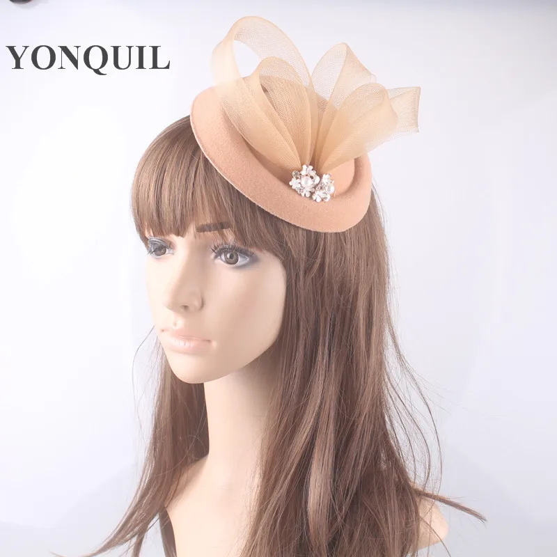 

Rhinestone Bridal Cocktail Fascinator Hats Felt Women Hats with Crinoline Elegant Party Hats Wedding Hair Accessories 17 Colors