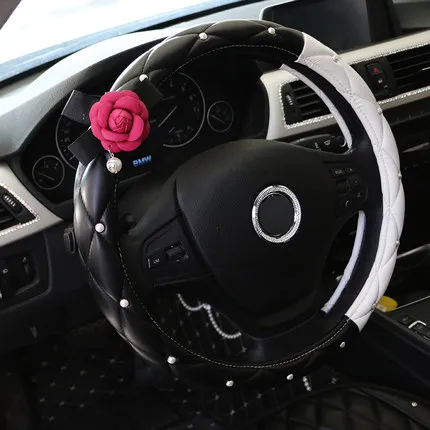 Серия Camellia, наборы, аксессуары для салона автомобиля, кожаный чехол на руль, авто Кристалл, подголовник, подушки, коробка для салфеток, подлокотник - Название цвета: steering wheel cover
