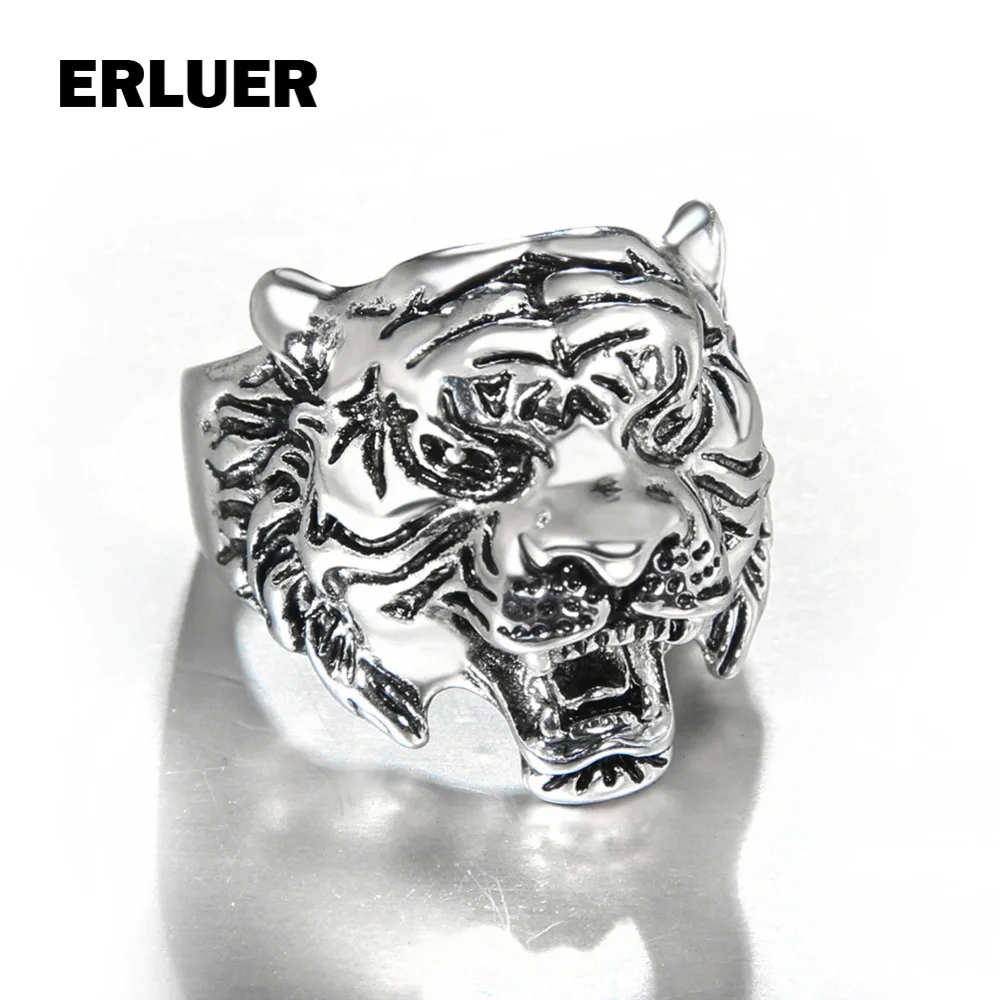 Men's Ring Biker Finger Rings European Gothic Punk Retro Style Animal Tiger Head Antique silver Color Statement For Men | Украшения и