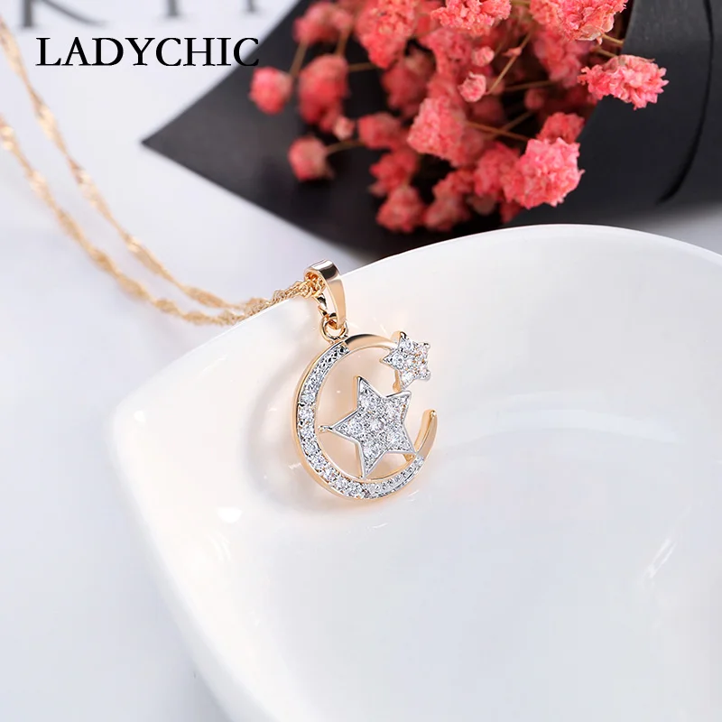 LADYCHIC Симпатичные Луна Звезда кристалл кулон Цепочки и ожерелья Мода золото Цвет Cublic циркония Цепочки и ожерелья s Для женщин вечерние украшения подарок LN1047