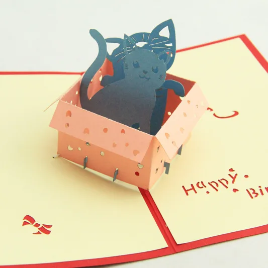 (5P/Lot) Cat in a Box Valentine's Day Cards Handmade creative design craft post card 3D Greeting with envolope 11*15cm |
