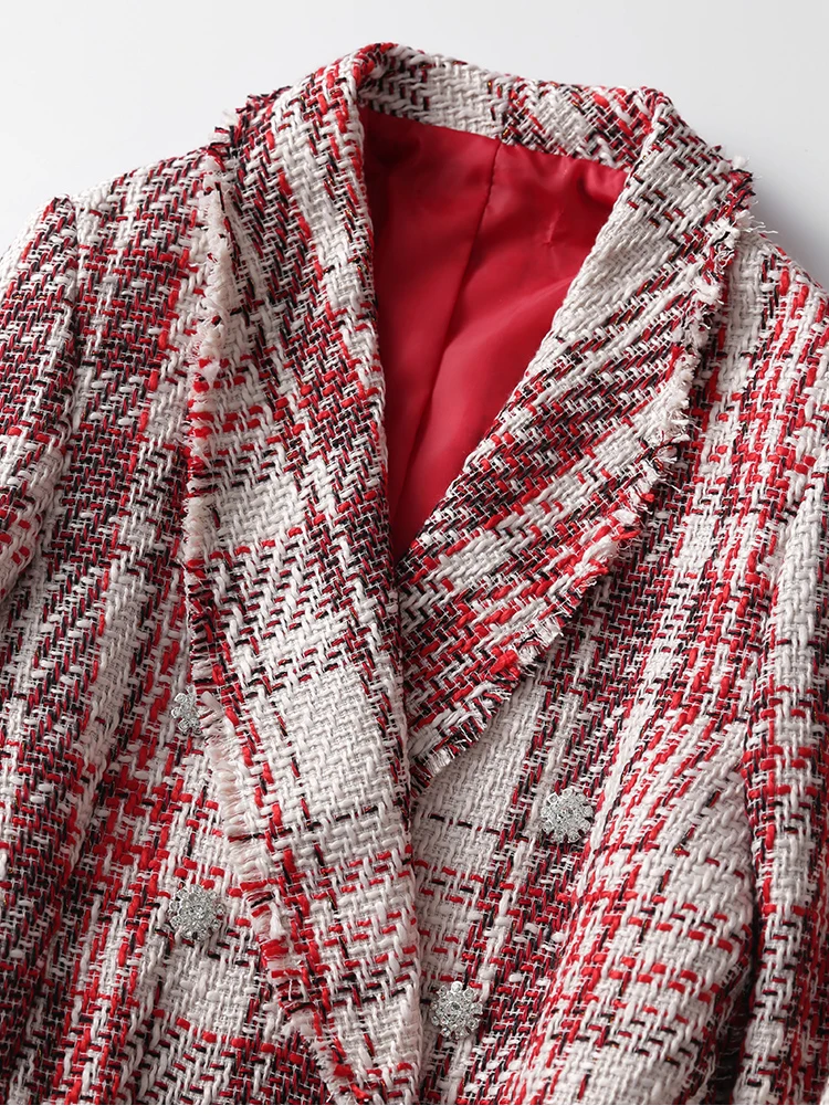 

2019 Vintage Chic Jewelry button Tweed Jacket Elegant Blazer Women Plaid Coats Pockets Lapel Collar Casual Casaco Femme Blazer