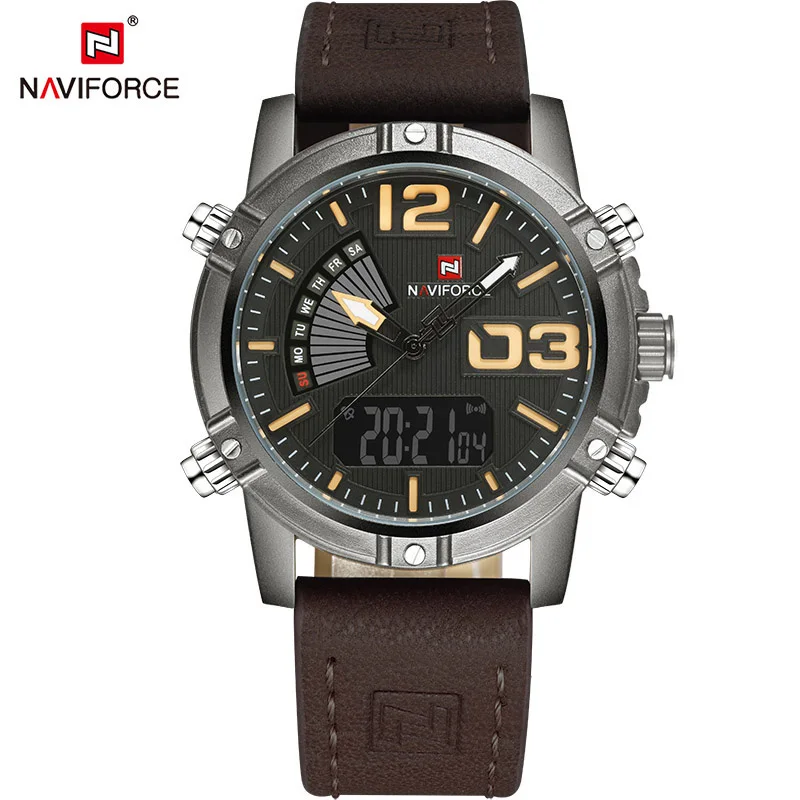 Мужские часы naviforce люксовый бренд кварцевые аналоговые цифровые кожаные часы мужские спортивные часы армейские военные часы Relogio Masculino - Цвет: gray yellow