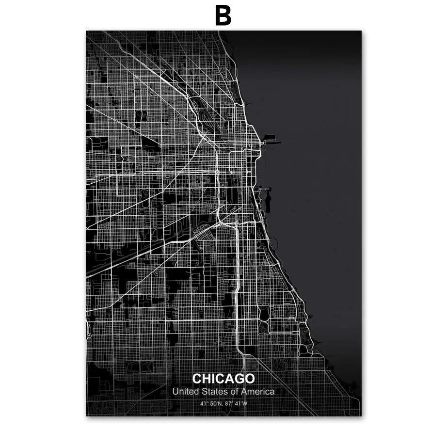 B Нью-Йорк, Лондон, Дубай, США, Лос-Анжелес, карта стены, искусство, холст, живопись, скандинавские плакаты и принты, декоративные картины - Цвет: B