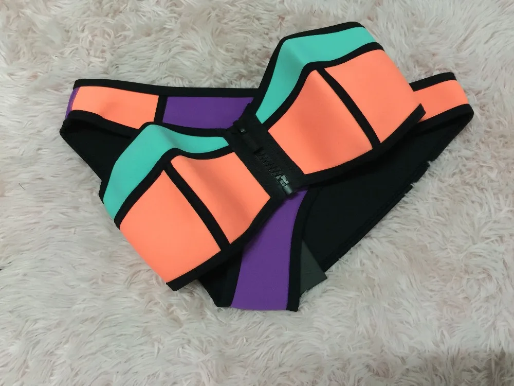 Бесплатная доставка 1 комплект Разноцветные бикини на молнии + низ|bikini top|bikini