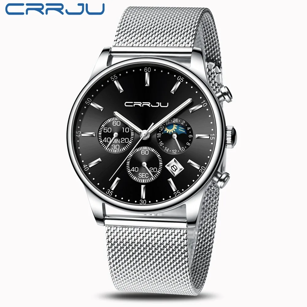 silver black Relogio Masculino CRRJU Роскошные Кварцевые часы для мужчин синий циферблат часы спортивные часы хронограф часы с сетчатым РЕМЕШКОМ НАРУЧНЫЕ ЧАСЫ - Цвет: silver black