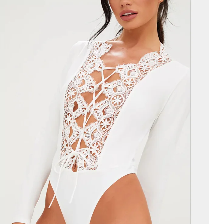 Sexy Deep V Neck Lace Up Tee Bodysuit Long Sleeve T shirts Top 2017 New Fashion Women Club Jumpsuit Playsuit Romper | Женская одежда