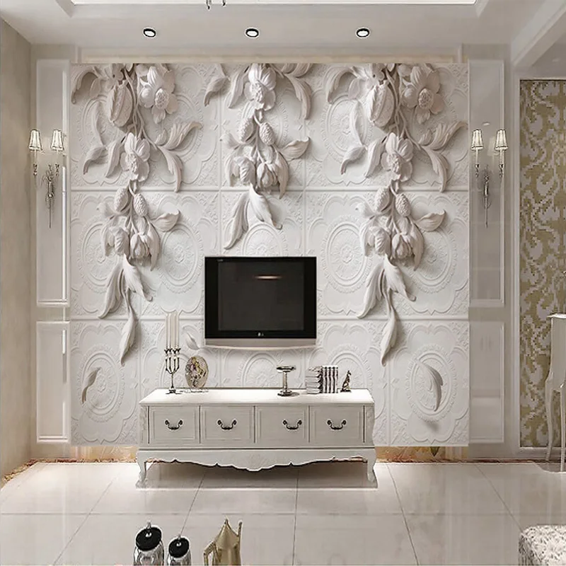 

Custom 3D Wall Murals Wallpaper European Style Wall Painting White Flowers Embossed 3D TV Backdrop Papel De Parede 3D Home Decor