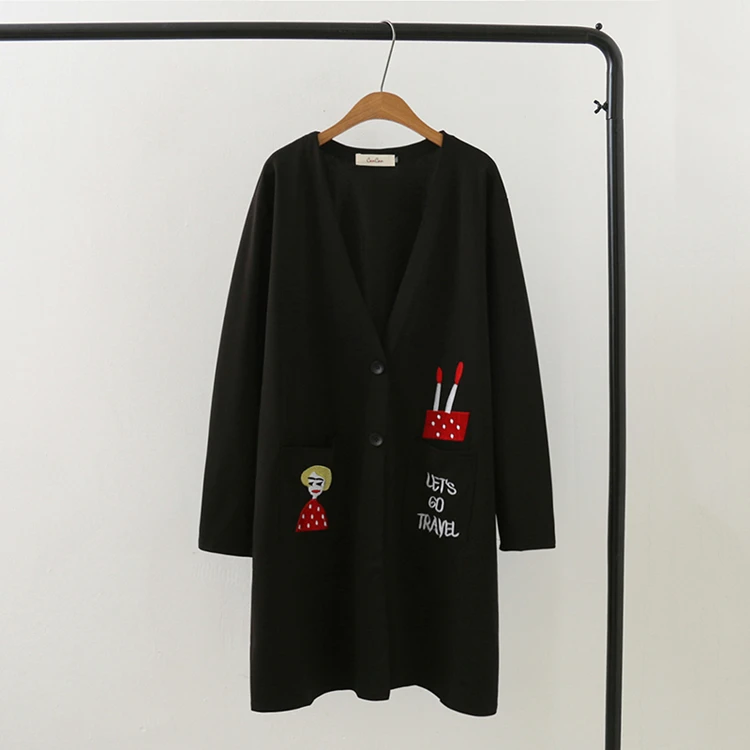 Black XL-5XL большого размера плюс кардиган Женская одежда зима-осень стильная футболка с изображением персонажей видеоигр вышивка с длинным рукавом Свободные Повседневное длинное пальто черного цвета - Цвет: Black