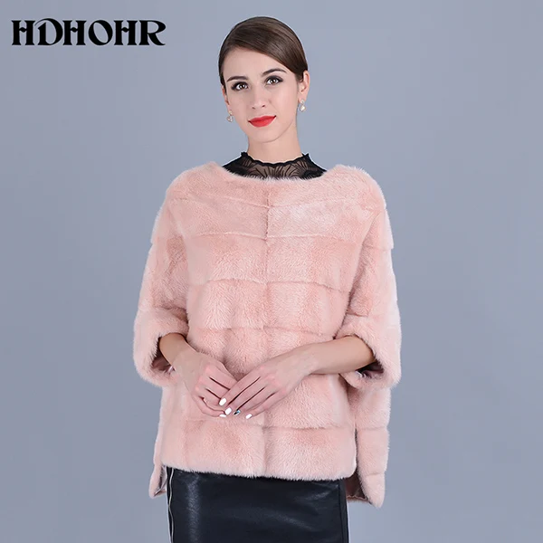 HDHOHR новые шубы из натурального меха норки для женщин, натуральные тонкие короткие шубы из меха норки, зимние модные меховые куртки с круглым вырезом для женщин - Цвет: Розовый