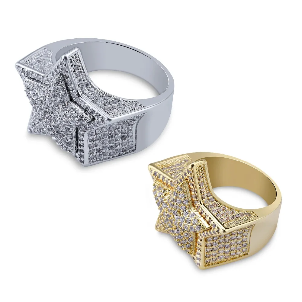 Solid Star HipHop Finger Rings For Men Women Iced Out Bling CZ Stones Gold Silver Color Jewelry Optional Size 7-11 Charm Ring | Украшения и
