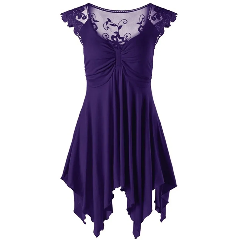 2020 summer dress Fashion Women's V Neck Sleeveless Lace Irregular Loose Top Shirt Dress (S-5XL) four colors high quality sales | Женская